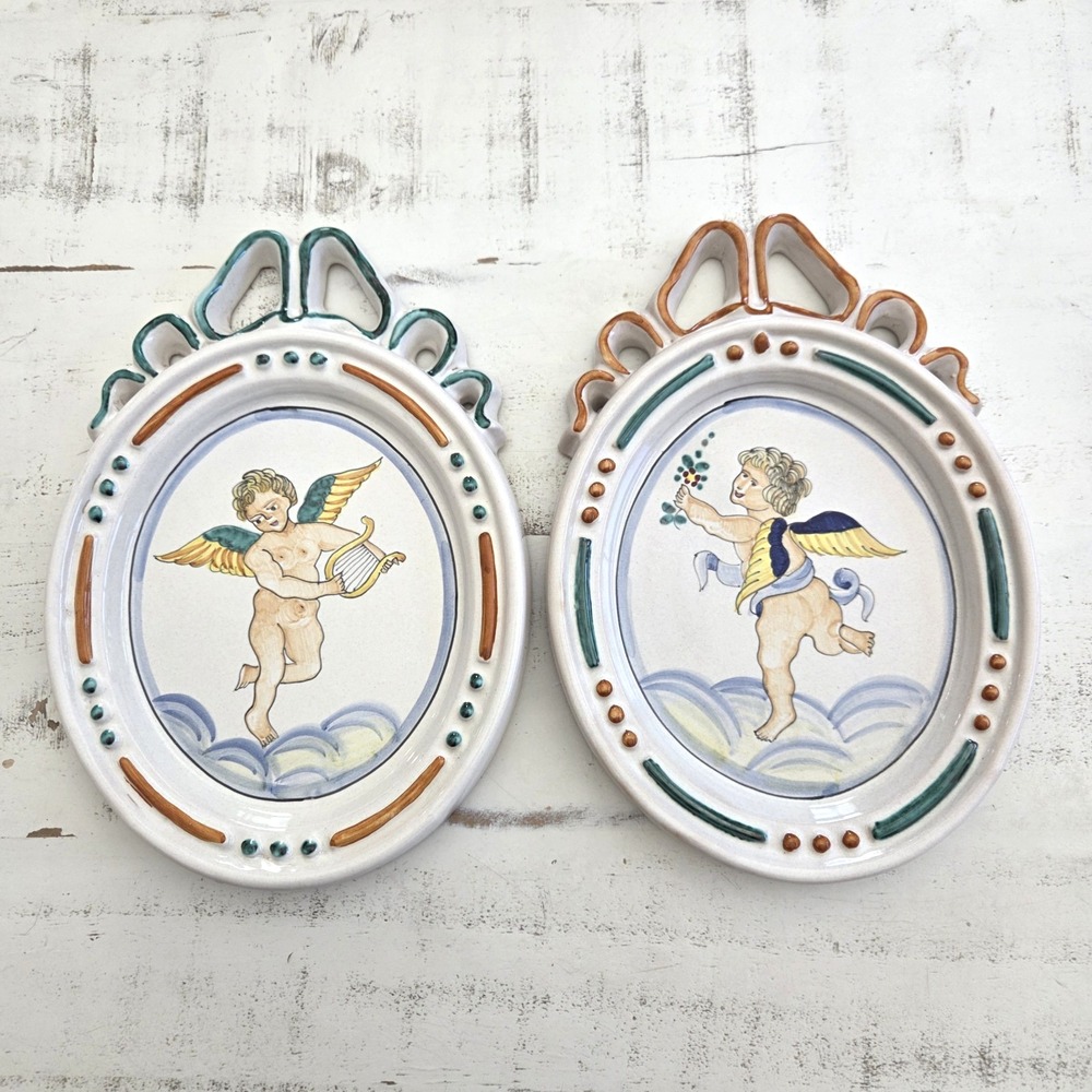 Pair Of Vintage Ceramiche d'Arte Sambuco Cherub Handpainted Ceramic Wall Plaques